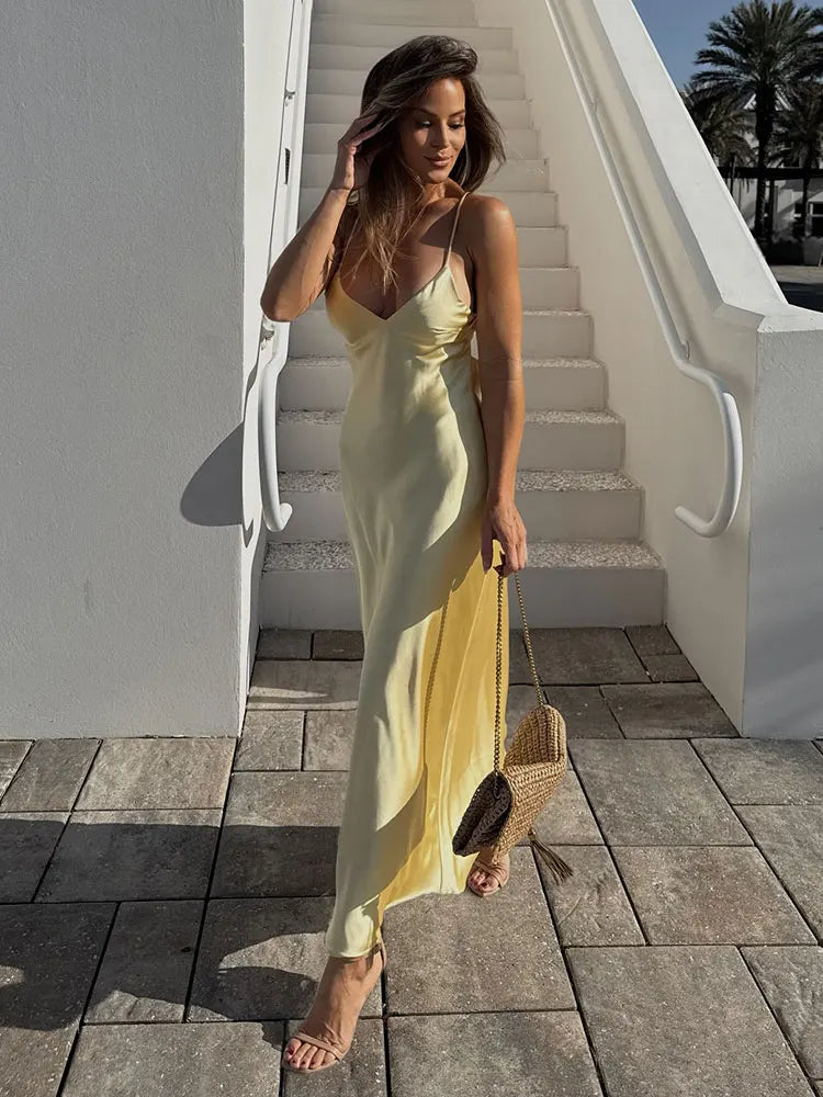 VESTIDO CETIM AMARELO MANTEIGA
